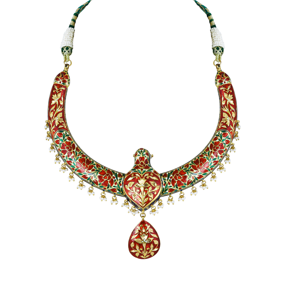 Peacock Motif Hasli Necklace with Polki and Enamel Detailing
